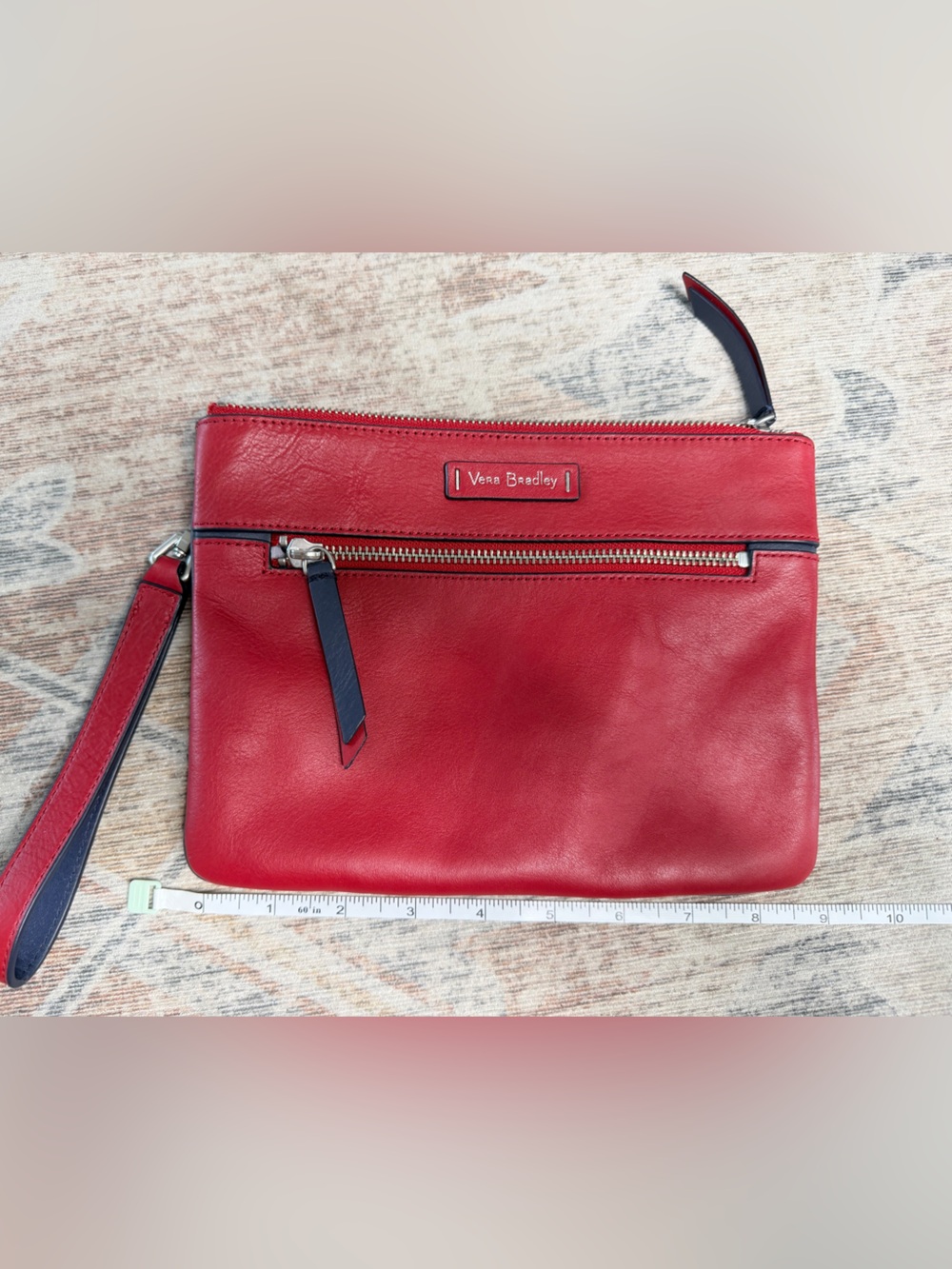 Vera Bradley Red Leather Wristlet Clutch with Navy Accents